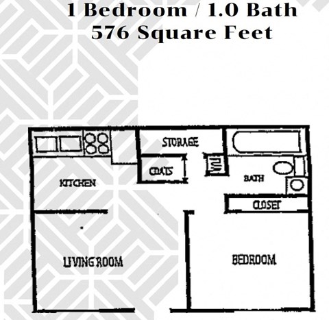 Floor plan for 1 bed, 1 bath, 576 sqft